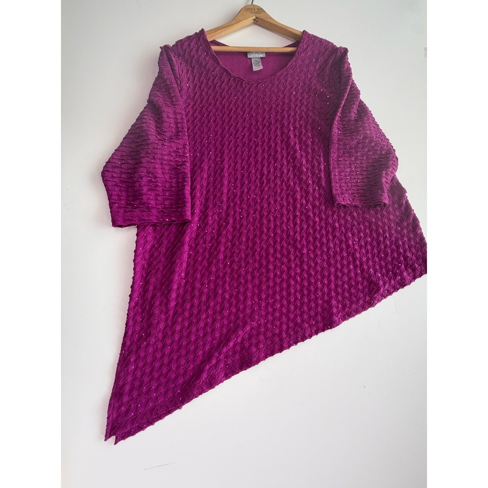 Catherines Magenta Purple Textured Sequin Asymmetrical Sharkbite Tunic Top 2X